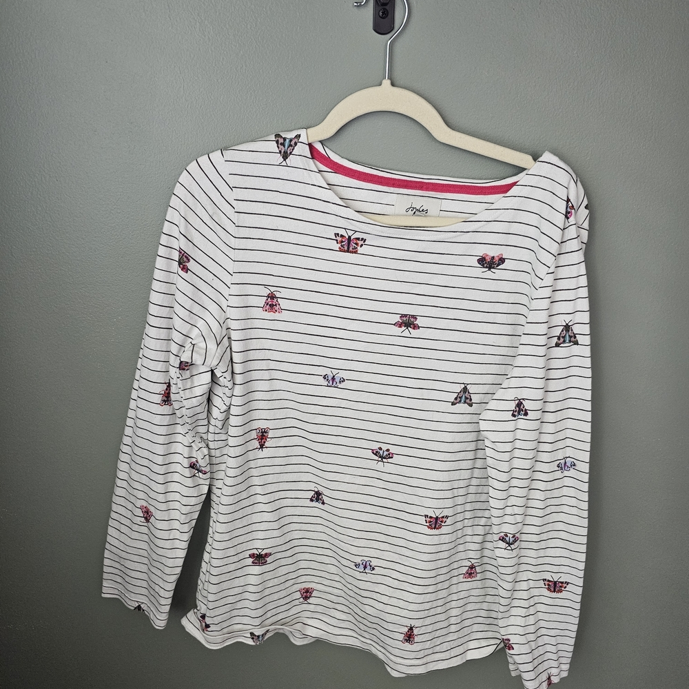 Joules Women's White Striped Long Sleeve Top with Butterfly Moth Print